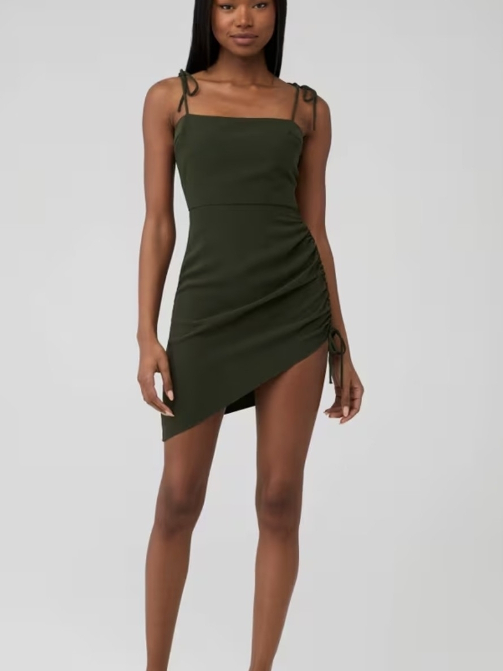 Amanda Uprichard Olive Tie-Shoulder Asymmetric Mini Dress